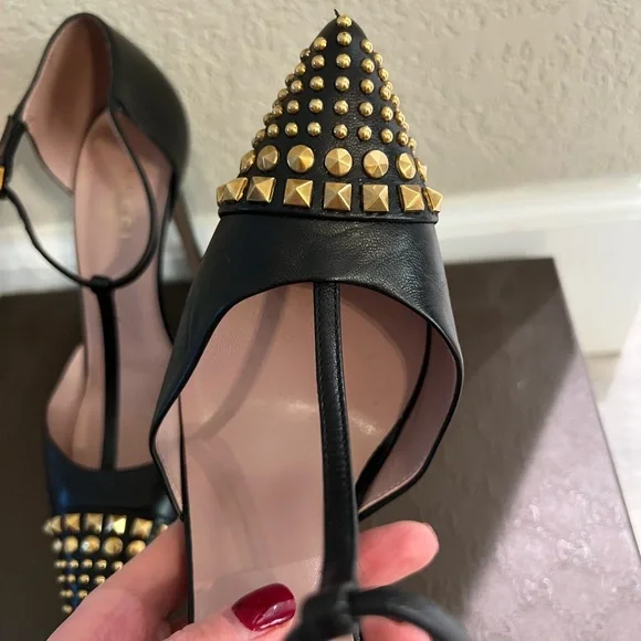 Gucci Malaga Kid Nero Black and Gold Studded T-Strap Heels - Picture 10 of 16